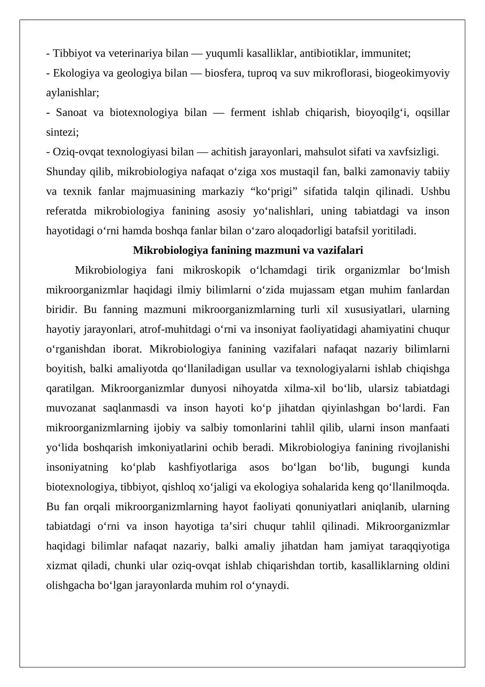 Mikrobiologiya fanining ahamiyati va uning boshqa fanlar bilan o'zaro munosabati 3