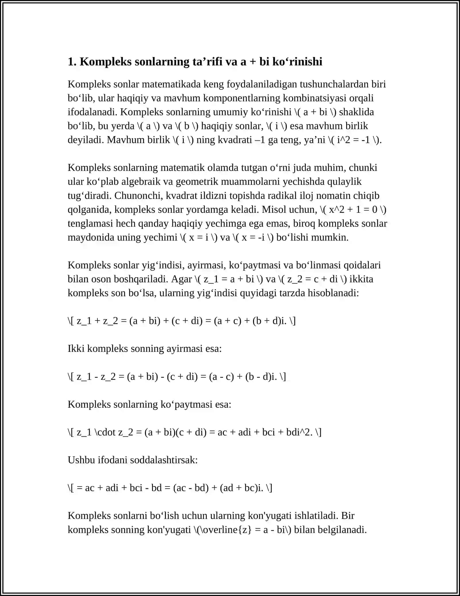 KOMPLEKS SONLAR VA ULAR USTIDA AMALLAR. MUAVR FORMULASI 3
