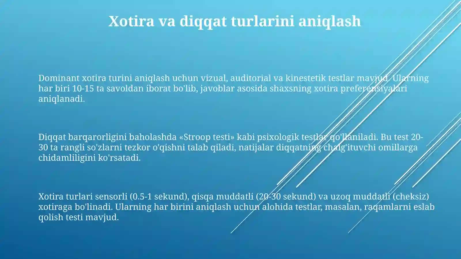 Xotiraning yetakchi turini aniqlash diqqat barqarorligini aniqlash 3