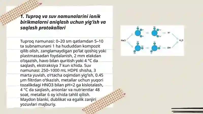 Tuproq va suvning ifloslanishida ion bogʻlanishli birikmalarni aniqlash ulardan tozalash usulini ishlab chiqish 3