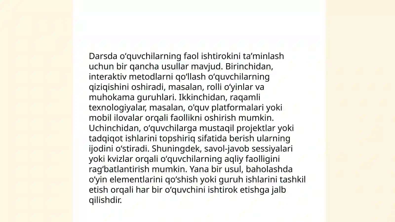Darsda oʻquvchilar oʻquv faoliyatini ommaviy, guruhli va yakka tartibda tashkil etish. Zamonaviy sharoitda darslarni takomillashtirish yoʻllari 3