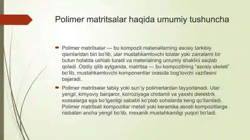 POLIMER MATRITSALARI. TERMOSET VA TERMOPLASTIK MATRITSALAR 3