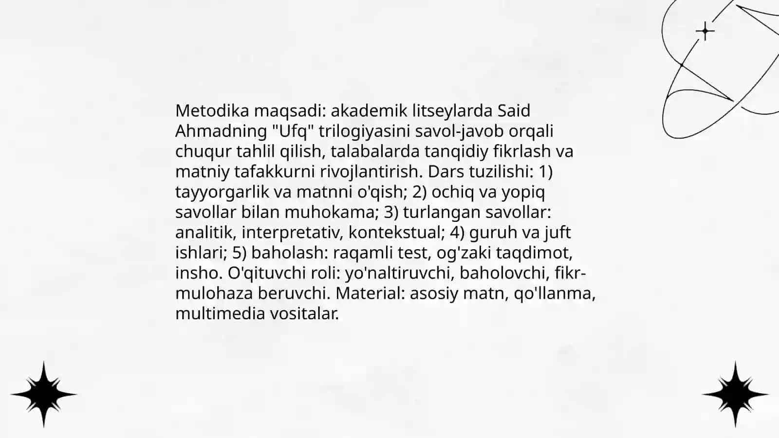 Akademik litseylarda Said Ahmadning "Ufq" trilogiyasini savol-javob orqali oʻqitish metodikasi 3