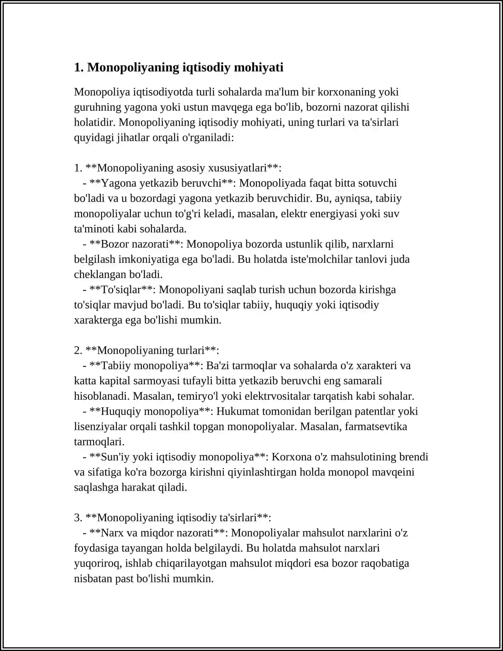 MONOPOLIYANING IQTISODIY ASOSLARI.ANTIMONOPOL QONUNCHILIK VA MONOPOLIYALARNI TARTIBGA SOLISH 3