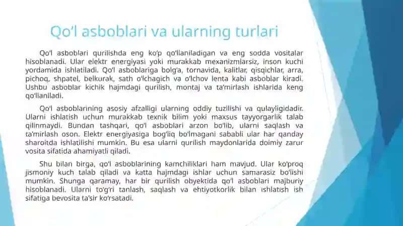 Qurilishda ishlatiladigan asbob-uskunalar va o‘lchov qurilmalari bilan tanishish 3