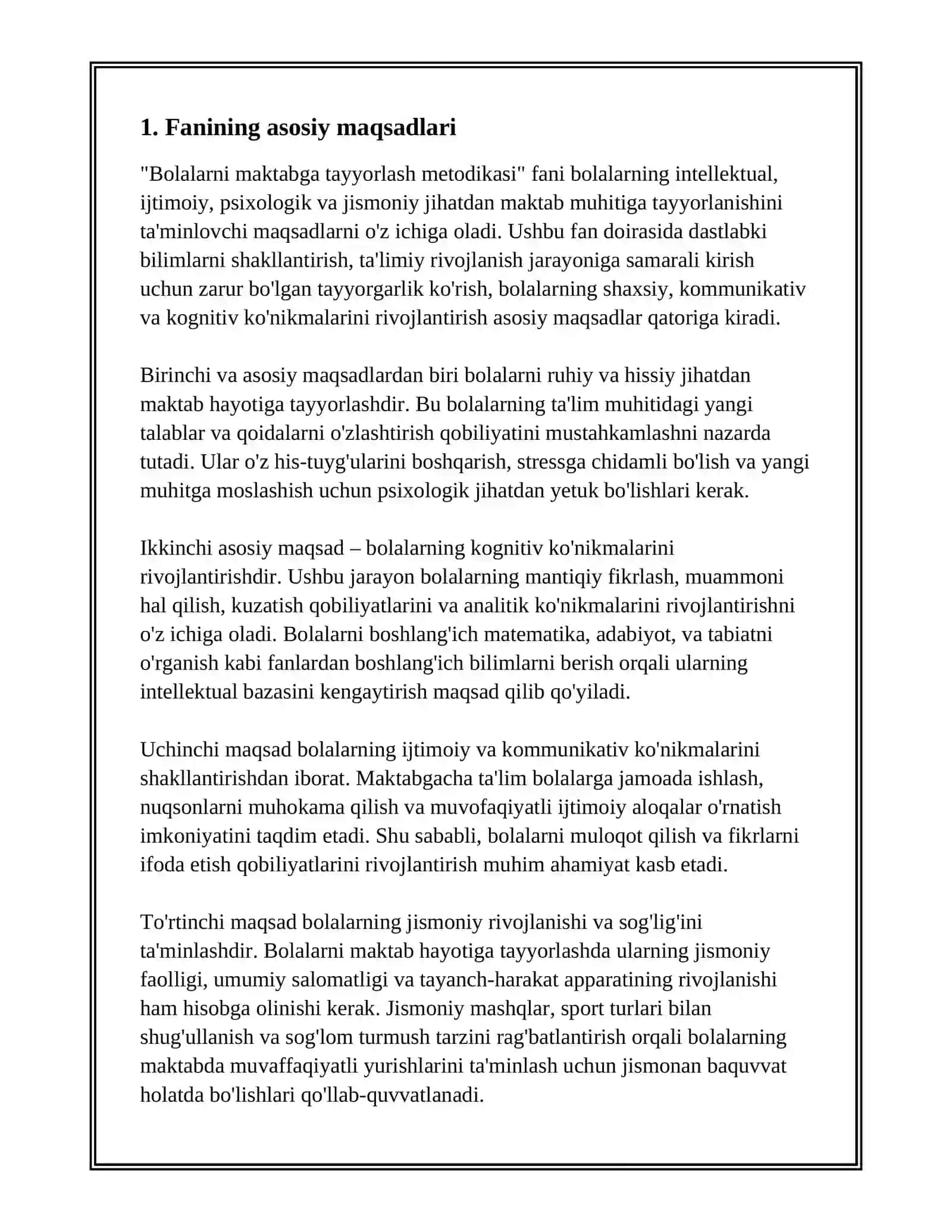 BOLALARNI MAKTABGA TAYYORLASH METODIKASI" FANINING MAQSAT VA VAZIFALARI 3