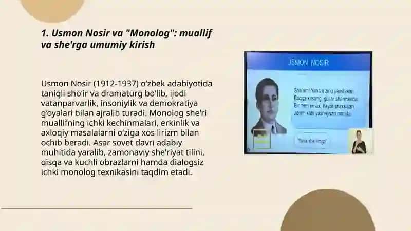 Usmon Nosirning "Monolog" she'rini yod olish va tahlil qilish 3