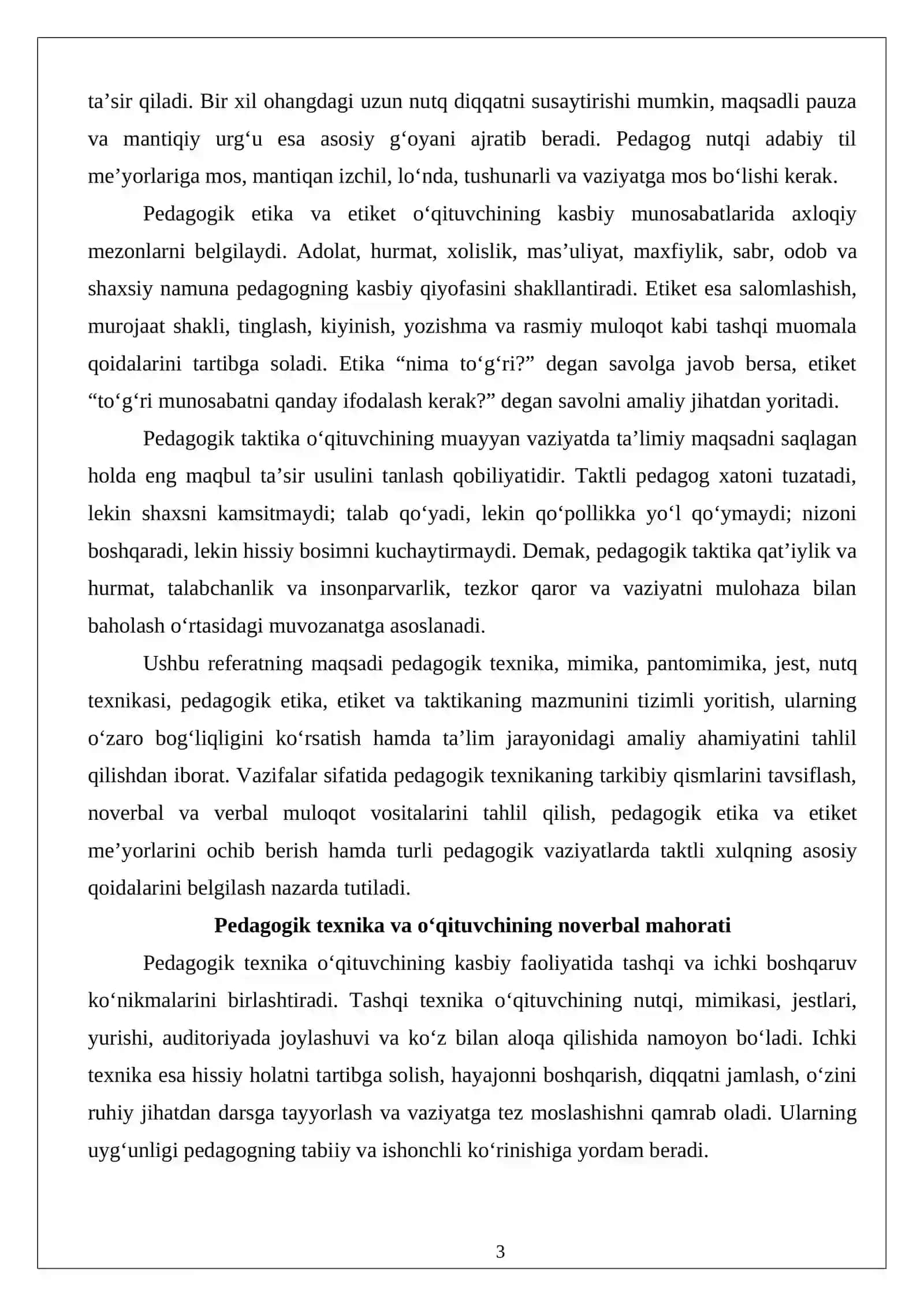 Pedagogik texnika: mimika, pantomimika, jest. Nutq texnikasi. Pedagogik etika va etiket. Pedagogik taktika 3