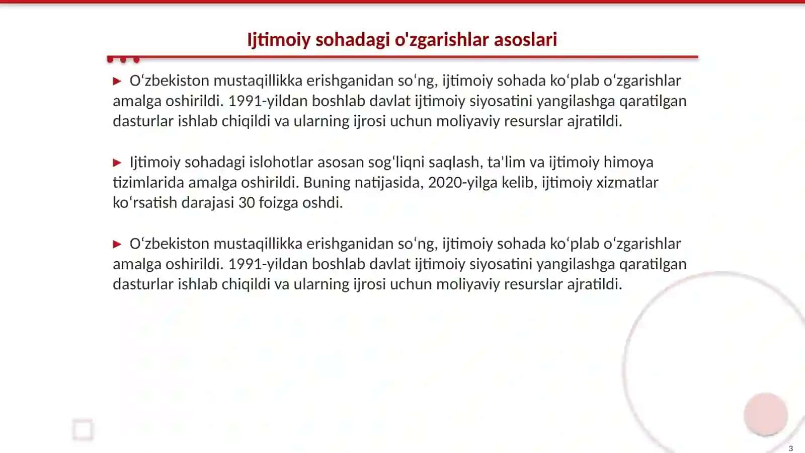 O'zbekistondagi ijtimoiy sohada o'zgarishlar 3