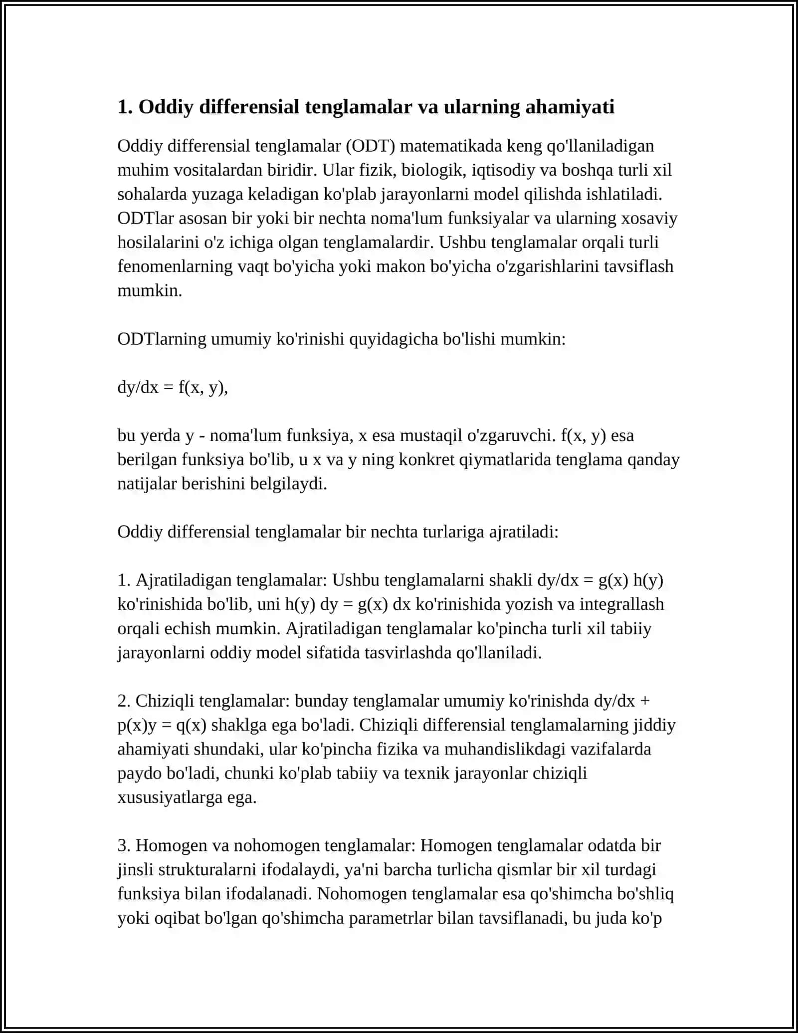 ODDIY DIFFERENSIAL TENGLAMALARGA QO’YILGAN ARALASH MASALANI SONLI YECHISH. CHIZIQLI CHEGARAVIY MASALA 3