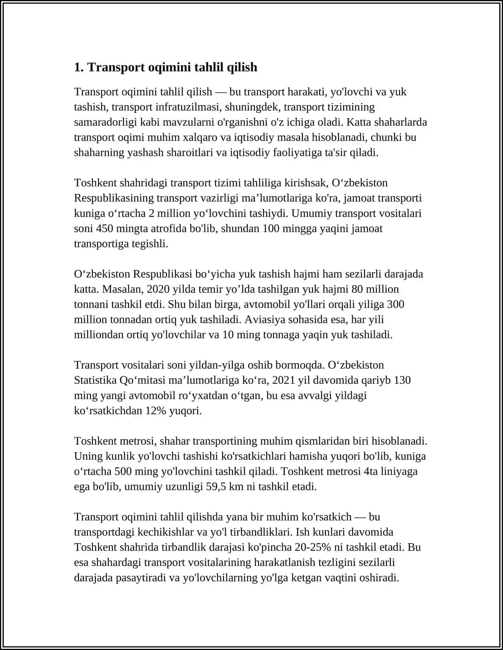 TRANSPORT OQIMINING ZICHLIGI, YO'LNING O'TKAZISH QOBILIYATI VA YUKLANGANLIK DARAJASI KO'RSATKICHLARINI BAHOLASH 3