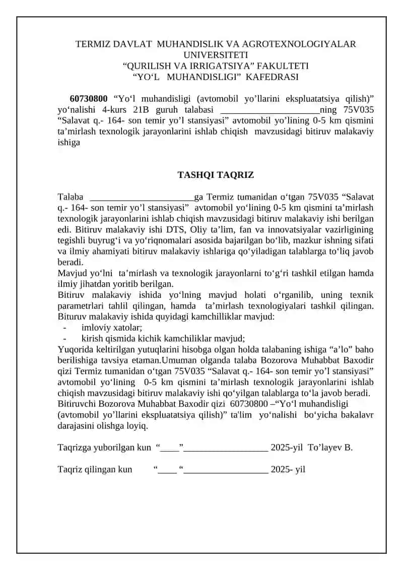 “75V035 Salavat q. – 164-sonli temir yo’l stansiyasi” “avtomobil yo’lining  0-5 km qismlarini  ta’mirlash texnologik jarayonlarini ishlab chiqish 3