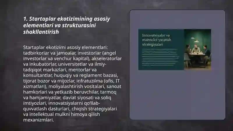 Startaplar ekotizim:biznes mavzularni shakllantirish va innovatsiyalarni jalb qilish 3