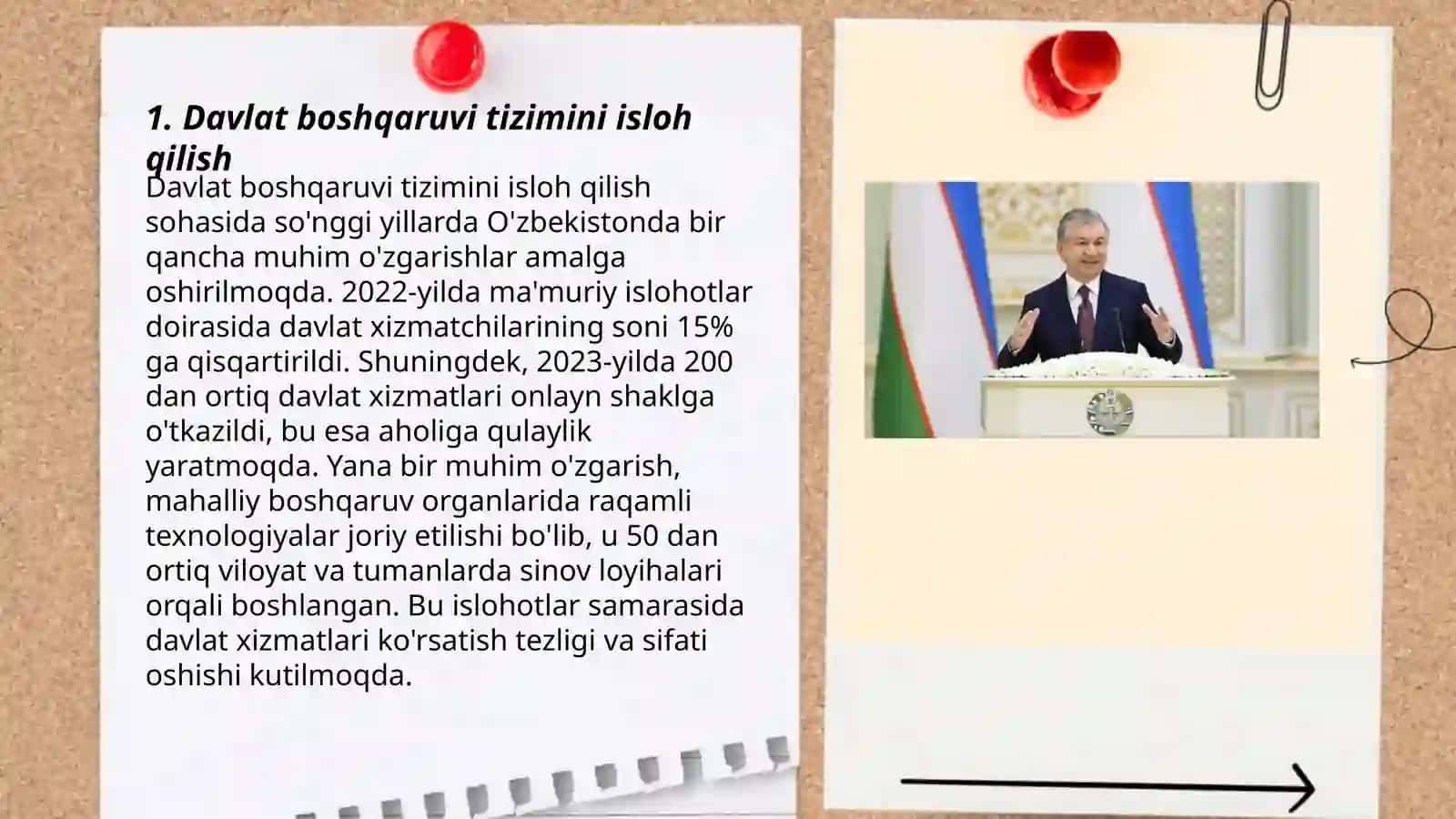 Yangi Oʻzbekistonda Sh.M.Mirziyoyev rahbarligida amalga oshirilayotgan islohotlar 3