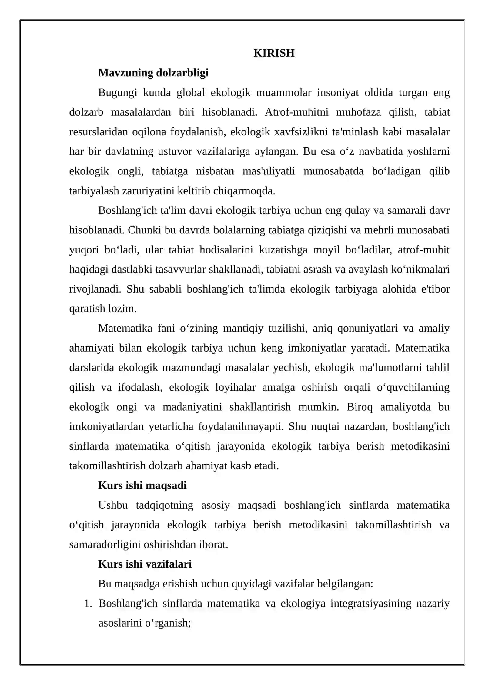 BOSHLANG’ICH SINFLARDA MATEMATIKA O’QITISH JARAYONIDA EKOLOGIK TARBIYA BERISH METODIKASI    (3-4-SINFLAR MISOLIDA) 3