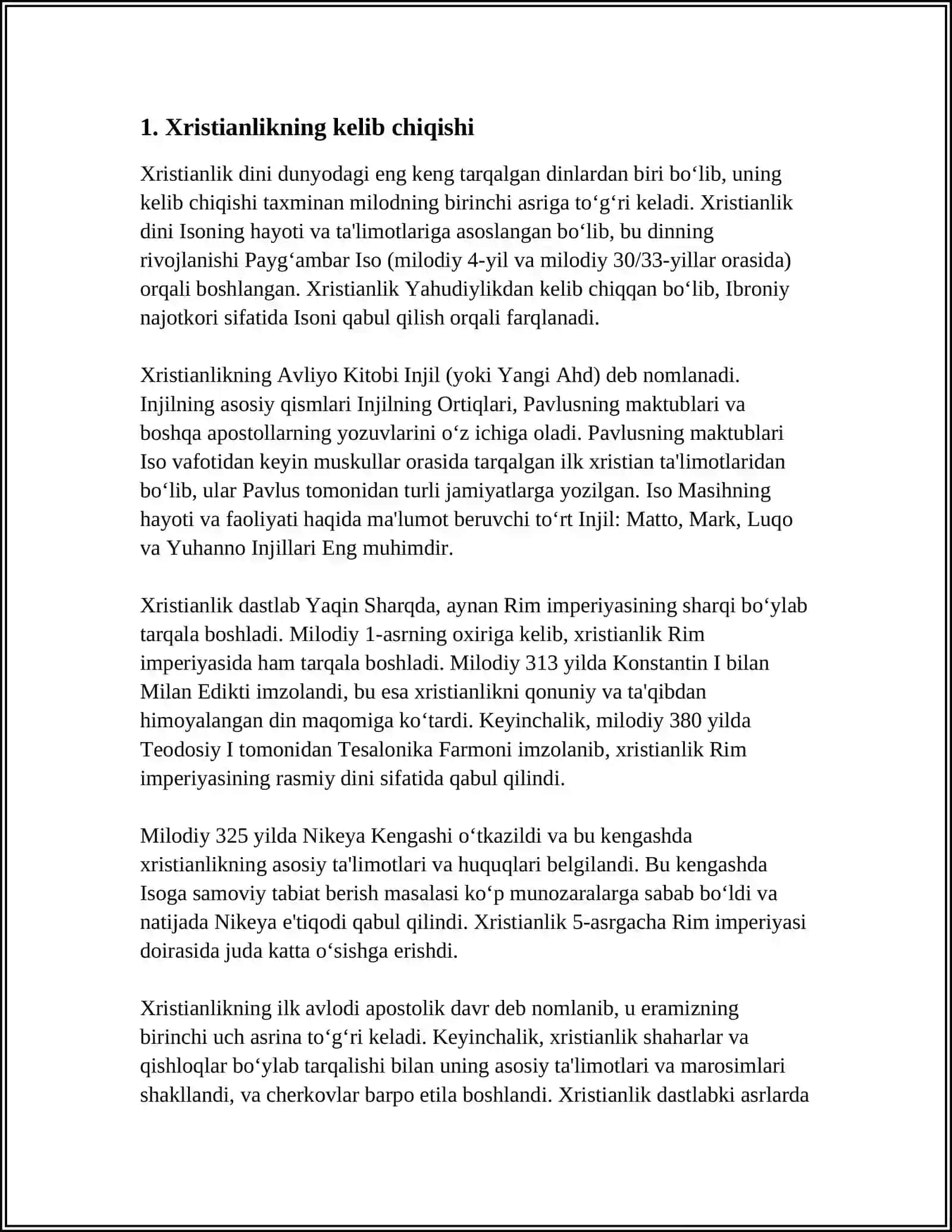 REFERAT Mavzu: XIRISTIANLIKNING PAYDO BOLISHI, AQIDALARI, ASOSIY YO'NALISHLARI, TA'LIMOTLARI VA MANBALARI 3