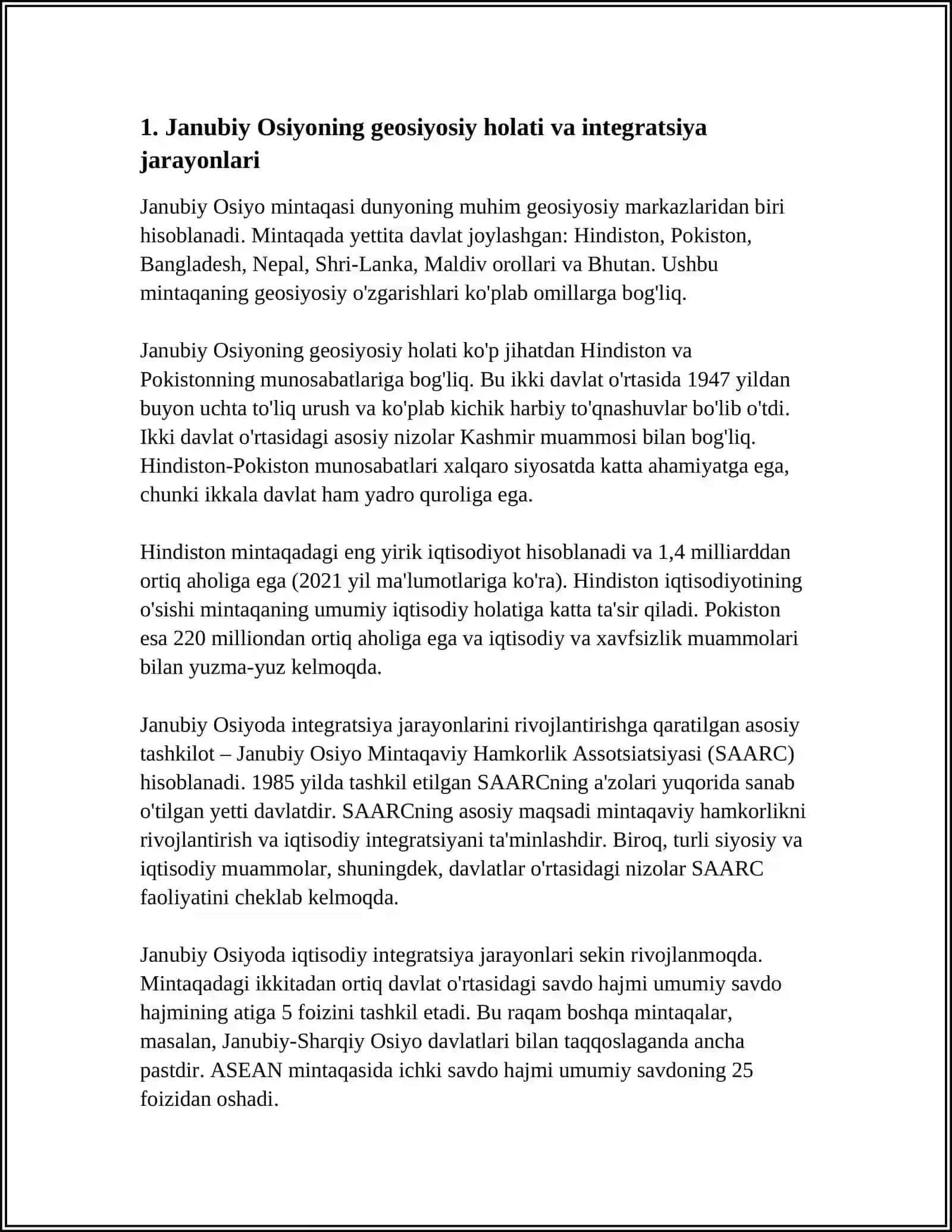 JANUBIY OSIYO MINTAQASIDA INTEGRATSIYA MUNOSABATLARINING SHAKLLANISHI VA RIVOJLANISH TENDENSIYALARI 3