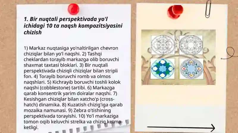 Turli xil ko'rinishdagi yo'l ichidagi 10 ta naqsh kompozitsiyasini chizish 3