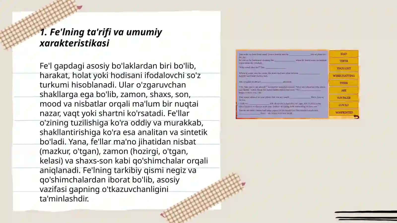 Fe'l va uning grammatik xususiyatlari. Fe'l va uning tasniflovchi kategoriyalari 3