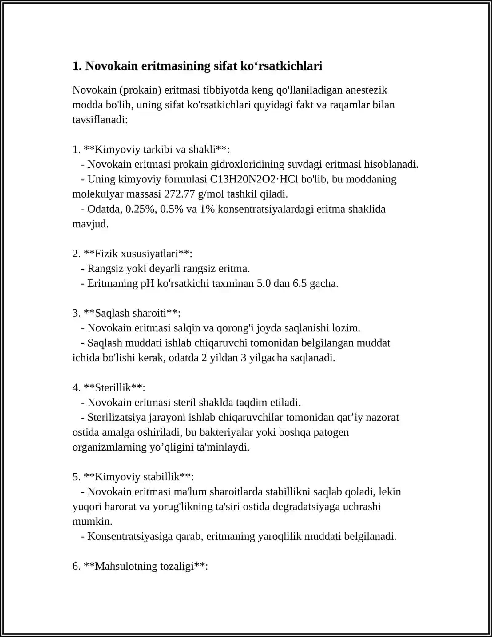 NOVOKAIN, KOFEIN BENZOAT NATRIY, NOVOKAINAMID VA ASKORBIN KISLOTASI IN’EKSION ERITMALARINI SIFATINI BAHOLASH 3
