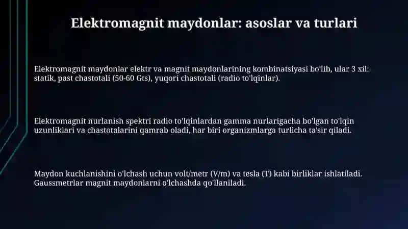 Elektr va magnit maydoni tushunchasi. Ularning tipik organizmlarga ta'sirini urganish 3