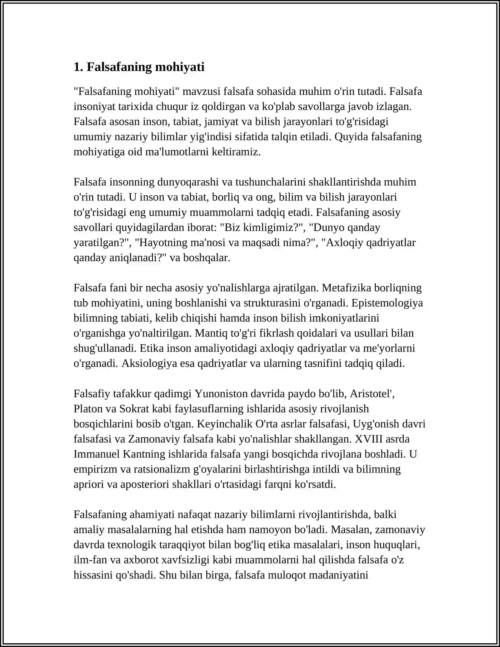 MUSTAQIL ISH Mavzu: FALSAFANING MOHIYATI VA JAMIYAT TARAQQIYOTIDAGI RO‘LI 3
