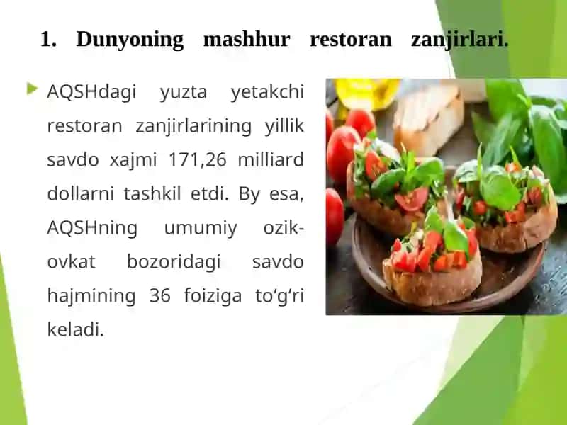 Turizm sohasida restoranlar ovqatlantirishning asosiy tizimi sifatida 3
