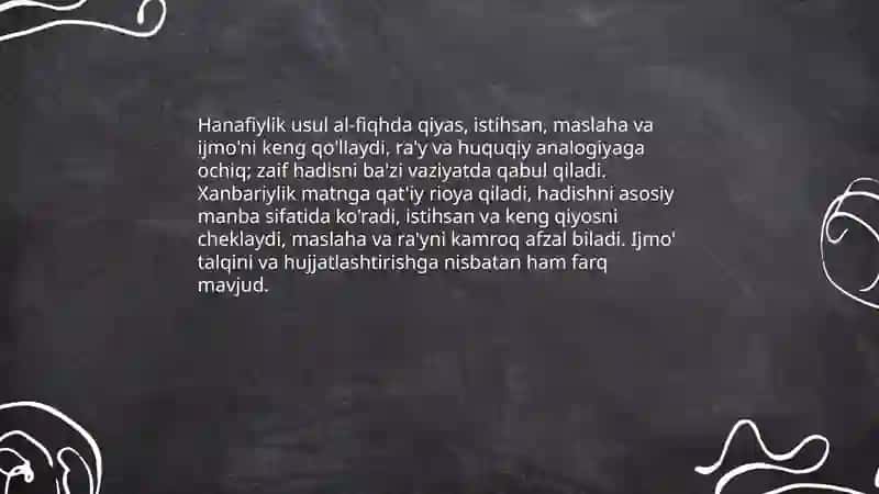 Hanafiylik va Xanbariylik mazhabining oʻzaro farqlari 3