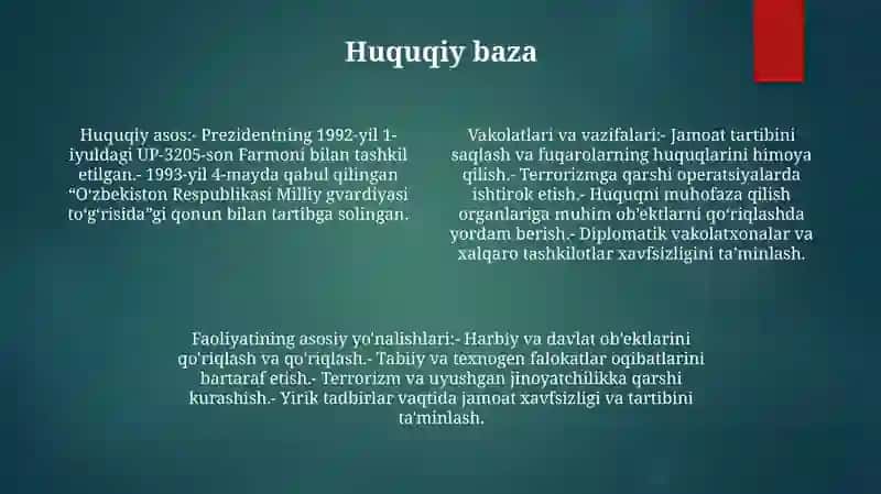 OʻZbekiston Respublikasi Milliy Gvardiyasini Vakolatlari Va Faoliyatining Asosiy YoʻNalishlari 3
