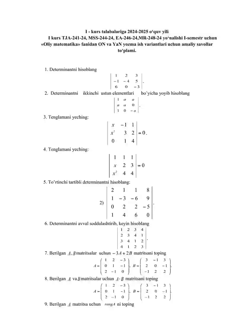 "Oliy matematika" fanidan ON va YaN yozma ish variantlari uchun amaliy savollar to‘plami 3