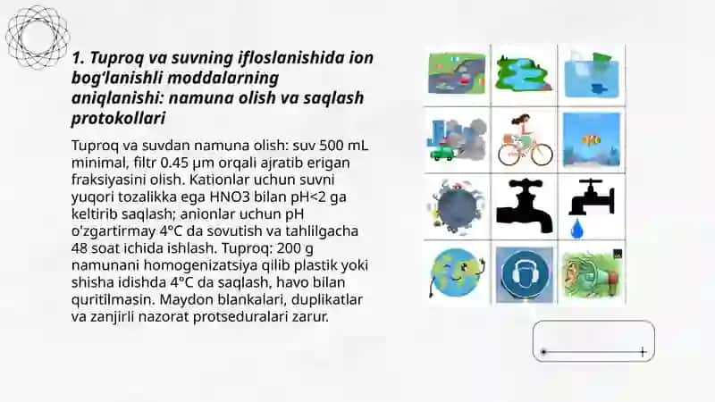 Tuproq va suvning ifloslanishida ion bogʻlanishli birikmalarni aniqlab, ulardan tozalash usulini ishlab chiqish 3