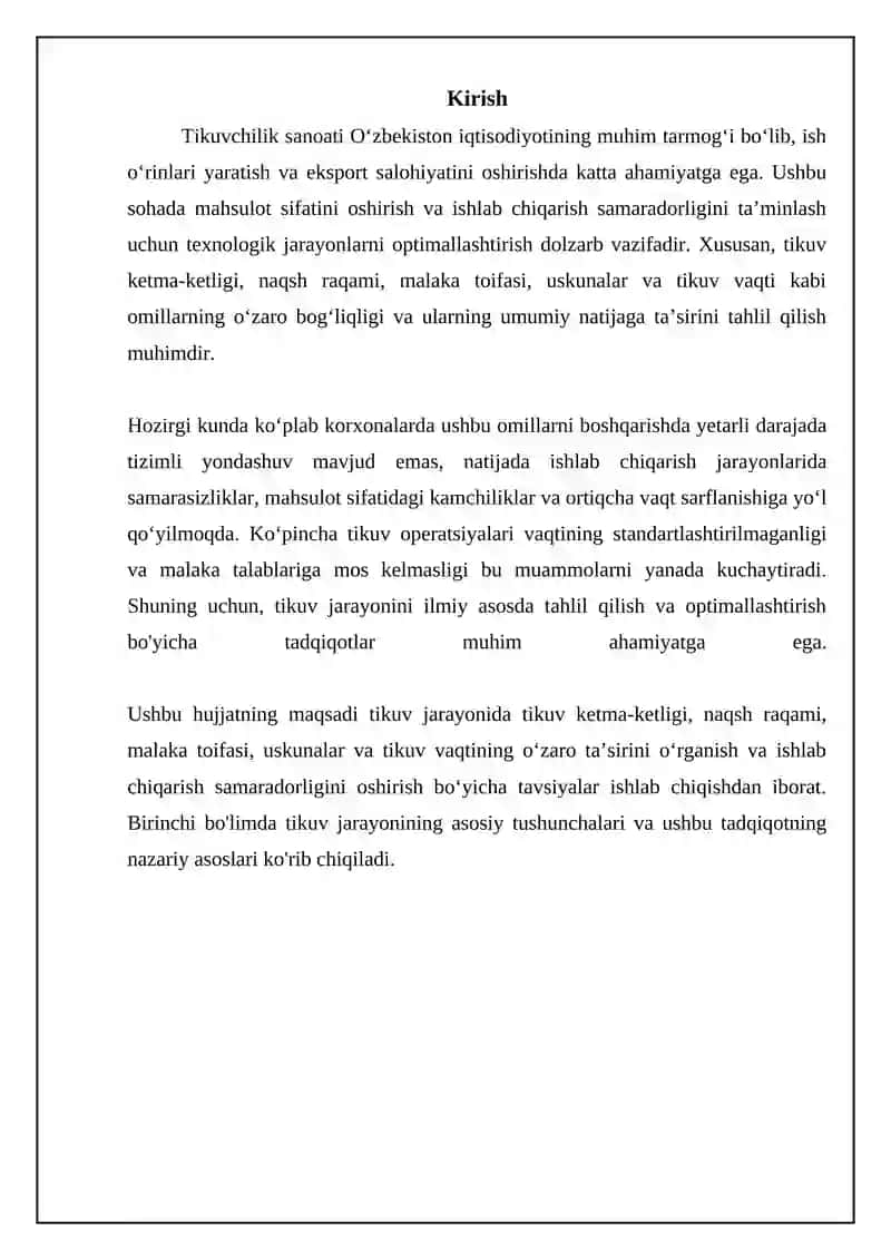 Tikilish tartibi tuzish andozalar soni iqtisosi raziryati asbob uskuna tikilish vaqti 3
