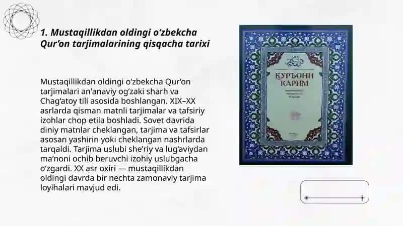 Mustaqillik yillarida quronning ozbek tiliga tarjima qilinishi va tafsirlari haqida taqdimot tayyorlash 3