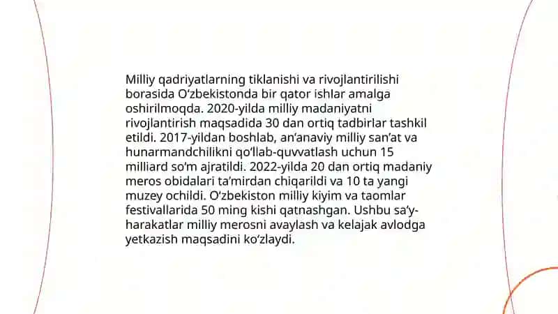 O‘zbekistonda milliy qadriyatlar va tarixni tiklash borasidagi islohotlar mazmuni 3