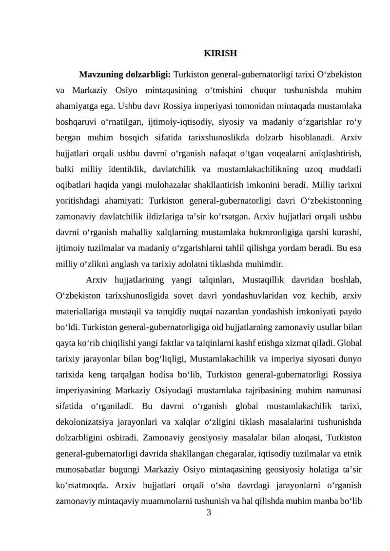TURKISTON GENERAL-GUBERNATORLIGI TARIXI ARXIV HUJJATLARI TADQIQOTLARIDA O'RGANILISHI TARIXSHUNOSLIGI 3