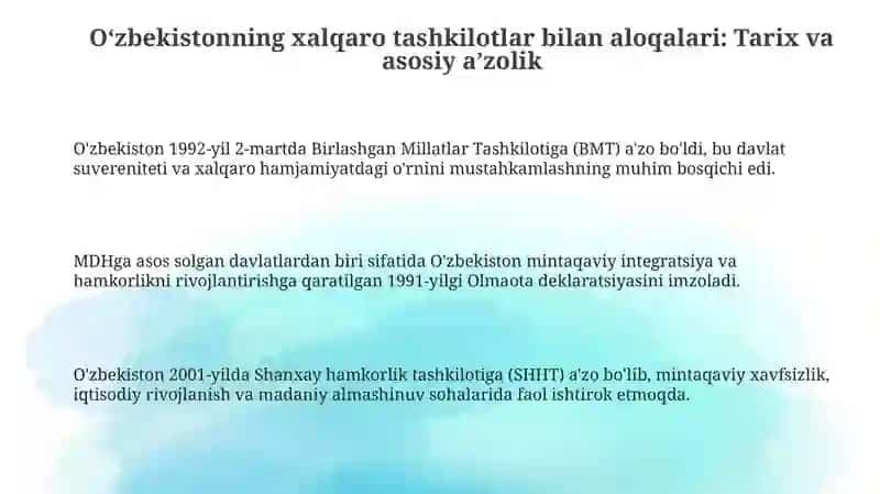 O'zbekistoning xalqarotashkilotlar bilan aloqalari 3
