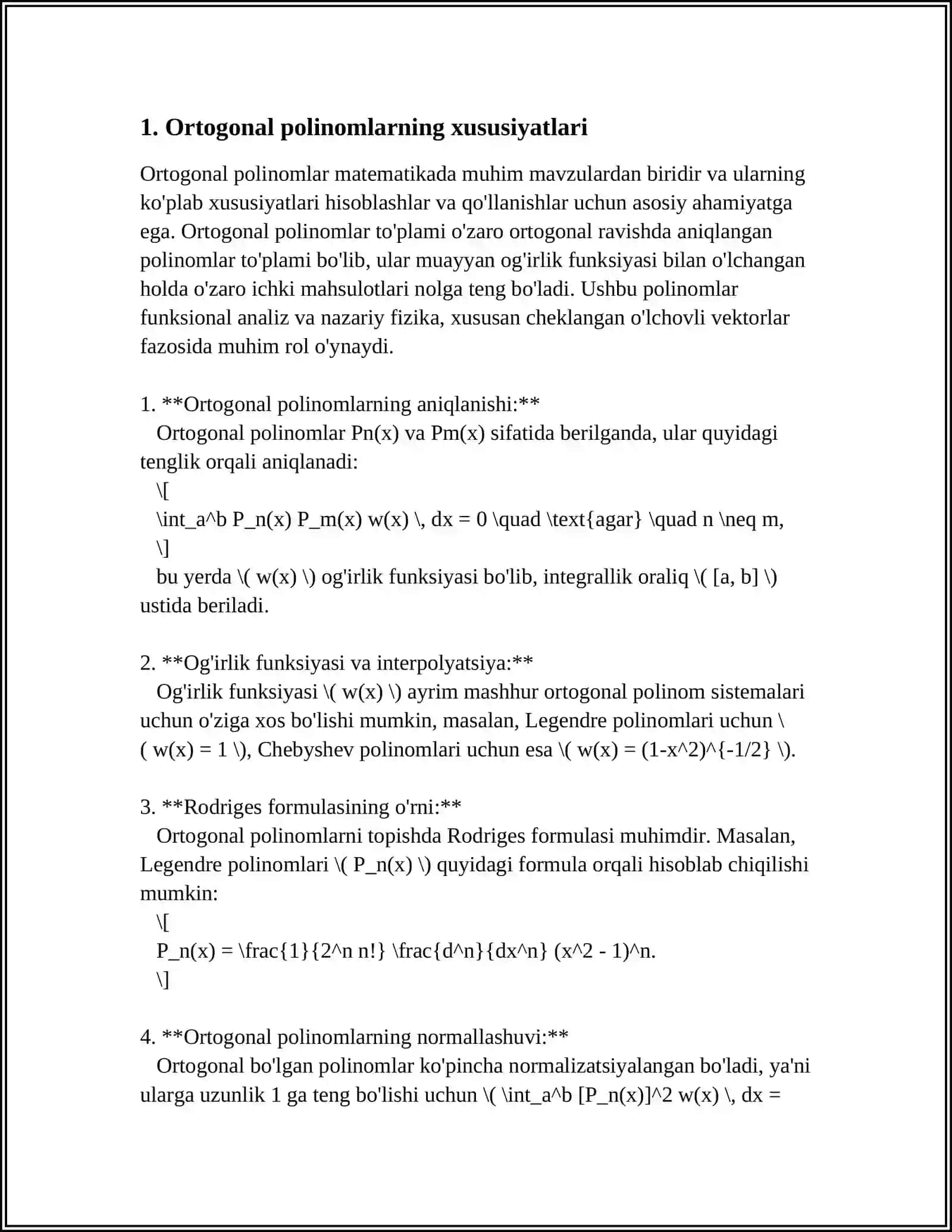 NOCHIZIQLI SISTEMALARNI ORTOGONAL POLINOMLARNI APPROKTSIMATSIYALASH 3