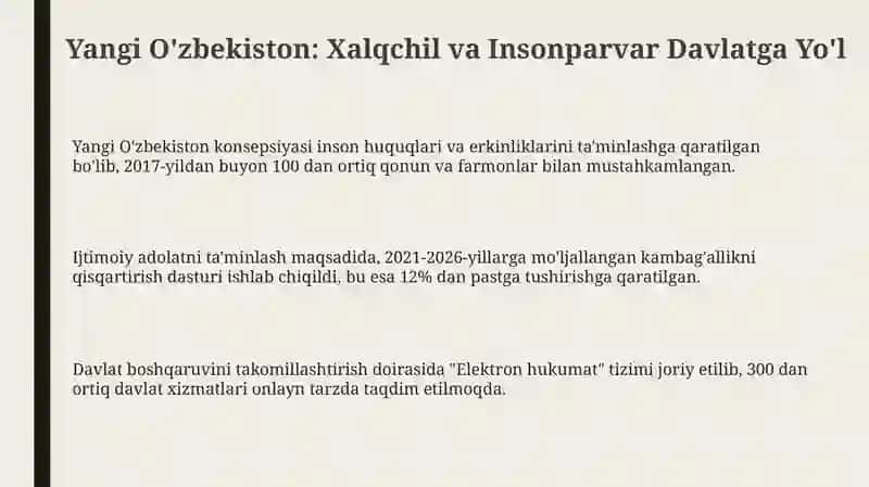 Yangi O'zbekiston xalqchil va insonparvar davlat qurishi jtimoiy siyosiyahamiyati 3