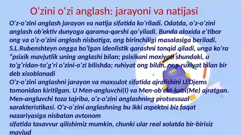 SHAXSNING O‘ZINI O‘ZI ANGLASHI. MEN KONSEPSIYASI. SHAXSNING IJTIMOIY TASAVVURLARI 3