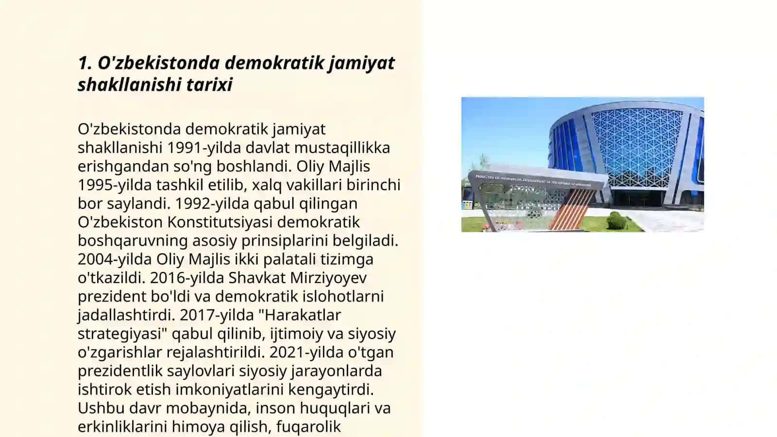 O'zbekistonda demokratik jamiyati asoslarining shakillanishi,amalga oshirilishi,siyosiy islohatlar 3