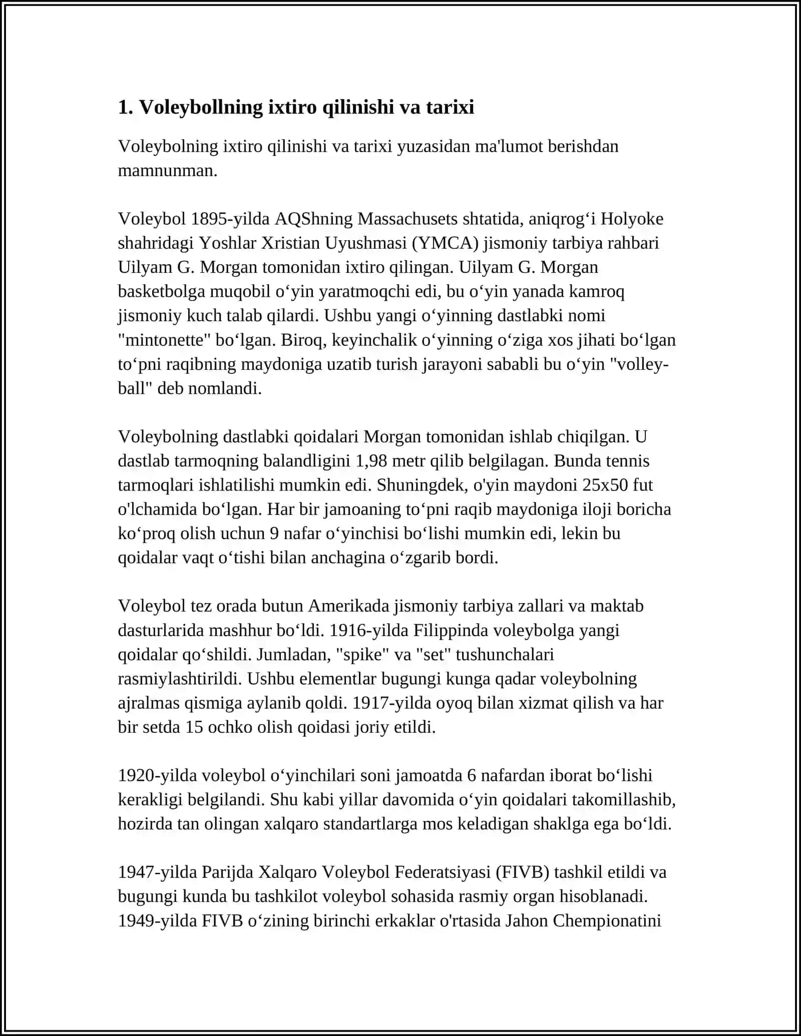 Voleybollning ixtiro qilinishi va tarixi 3