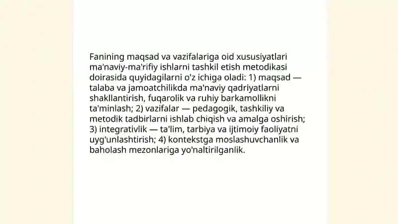 Ma'naviy-ma'rifiy ishlarni tashkil etish metodikasi fanining xususiyatlari 3