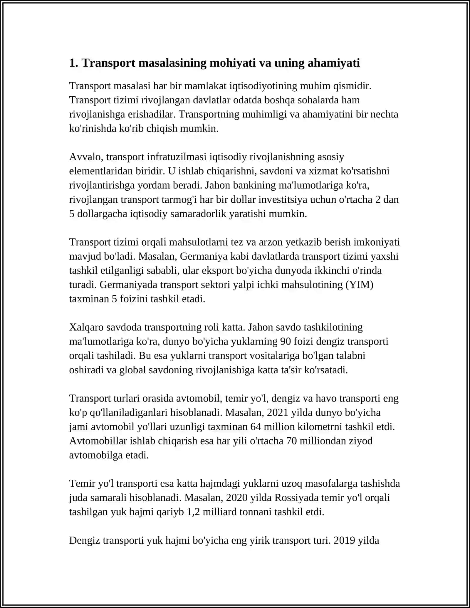 TRANSPORT MASALASINING QOʻYILISHI VA YECHISHNING USULLARIGA DOIR TADQIQOT ISHINI BAJARISH 3