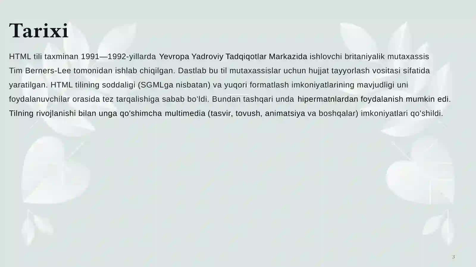 TIBBIYOTDA AXBOROT TEXNOLOGIYALARI FANIDAN “HTML tilida ishlatiladigan teglar haqida ma’lumot” mavzusida tayyorlangan MUSTAQIL ISH 3