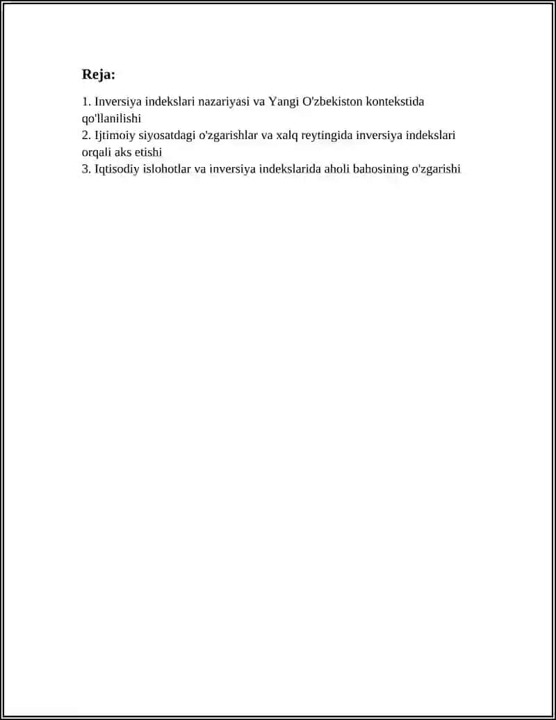 YANGI ÒZBEKSITON IJTIMOIY IQTISODIY VA MADANIY HAYOTIDA. RÒY BERAYOTGAN ÒZGARISHLARNI XALQ REYTINGIDA INVERSIYA INDEKSLARIDA AKS ETISHI 3