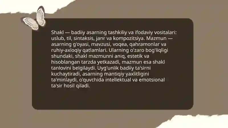 Badiiy asarda shakli va mazmun uyg'unligi va ahamiyati 3