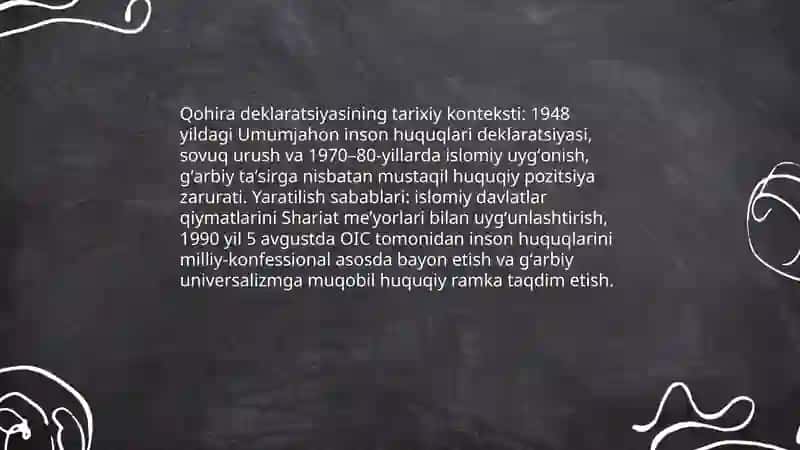 Qohira deklaratsiyasi tarixi va mazmuni borasida tahliliy maqola tayyorlash 3