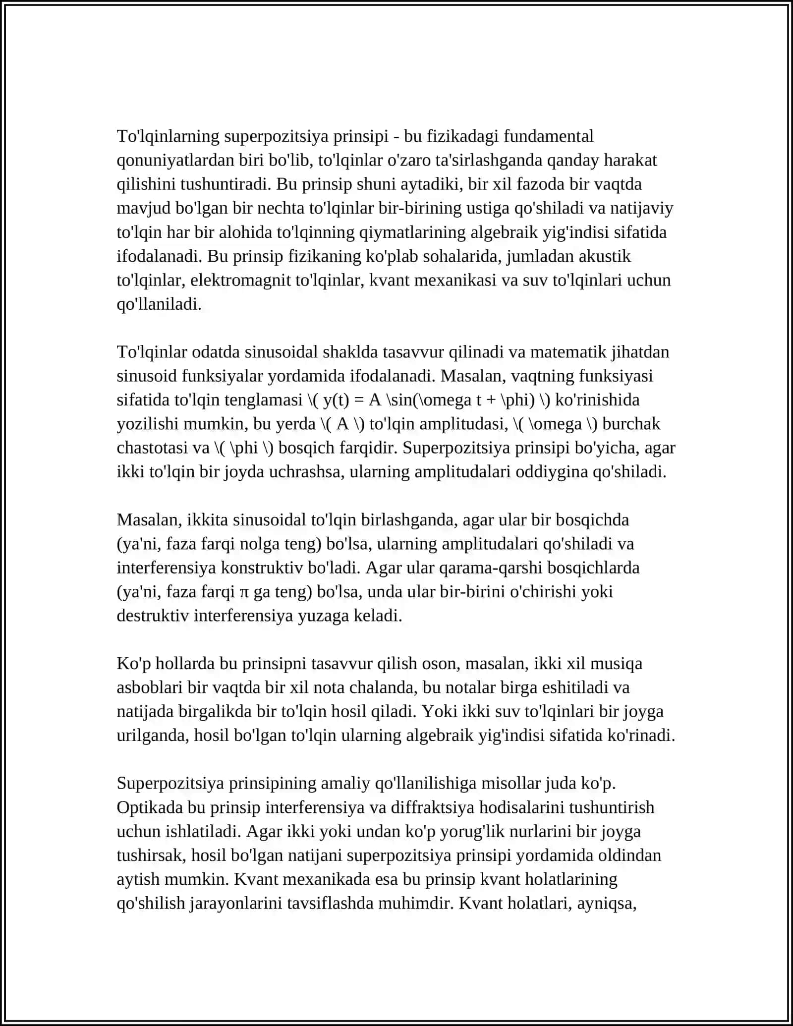 TO'LQINLARNING SUPIRPAZETSIYA PRINSIBI, GURUHLI TEZLIK, INTERFERENSIYA, GYUGENS PRINSIBI, MAKSIMUM VA MINIMUMLAR HOSIL BO'LISH SHARTI, TURG'UN TO'LQINLAR, TURG'UN TO'LQIN TENGLAMASI, TURG'UN TULQINNING XUSUSIYATLARI 3