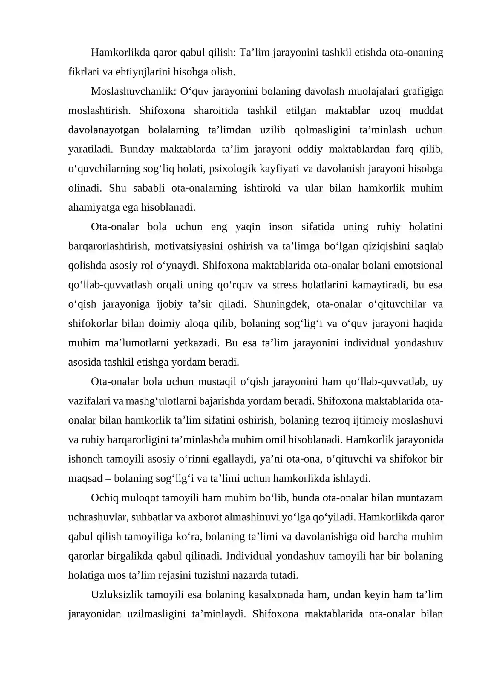 SHIFOXONALARDAGI MAKTABLARDA TA’LIM MUXITINI YARATISHDA OTA ONALARNING ISHTIROKI VA ULAR BILAN XAMKORLIK MUNOSABATINI O‘RNATISH TAMOYILLARI 3