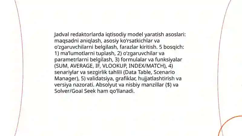 Jadval redaktorlarda iqtisodiy model yaratish asoslari 3